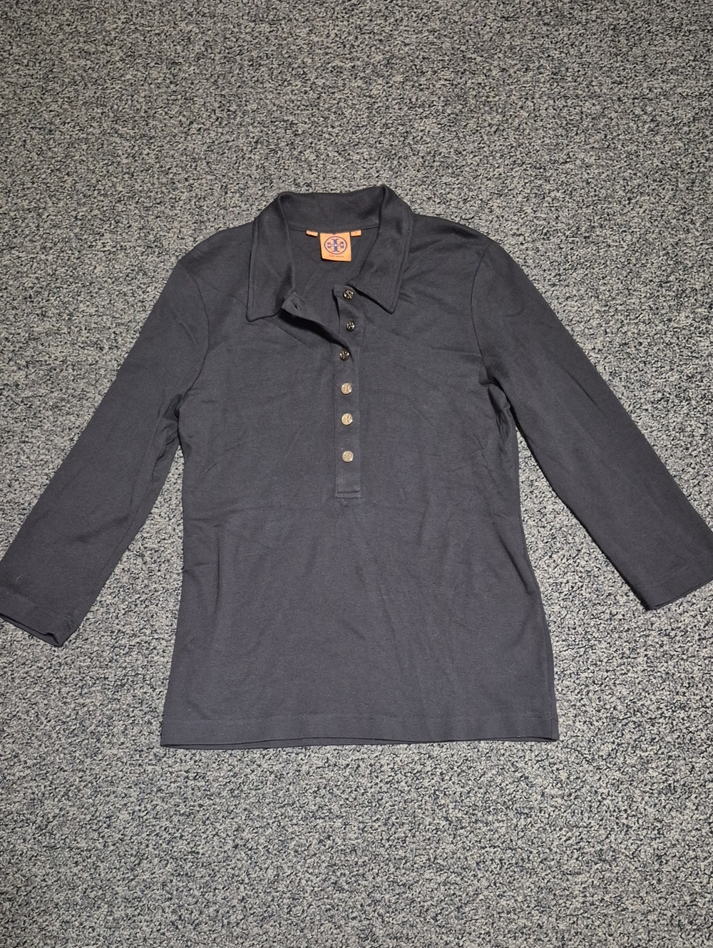 Tory Burch Dark Brown Three-Quarter Sleeve Polo with Gold Buttons